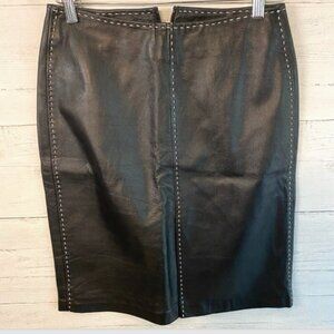 Leather Pencil Skirt I.N.C Women Sz 2 Above Knee Lined Black w White Stitch EUC!